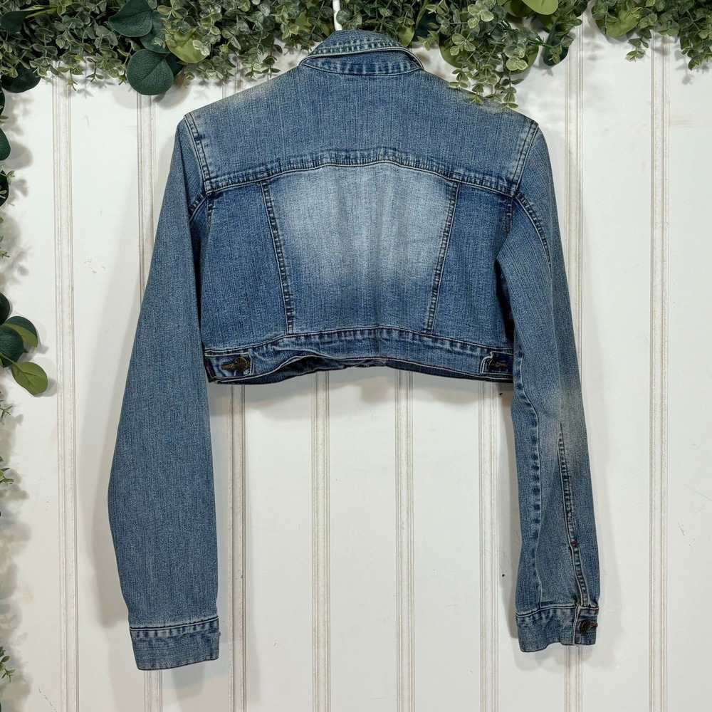 Younique Cropped Denim Jacket Junior Large Y2K Sandblasted Faded Vintage y2k - Picture 2 of 6